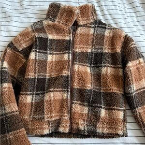 Zaful Plaid Fleece Jacket in Brown and Cream
